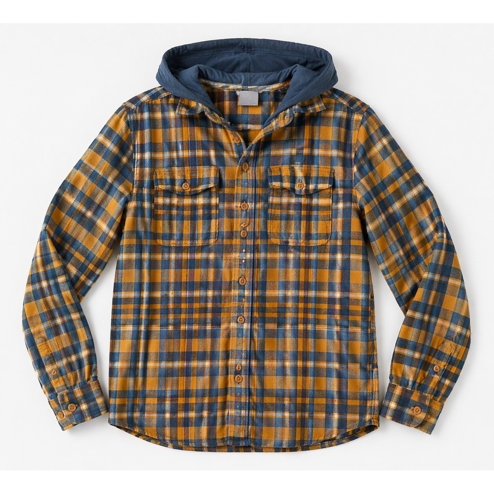 Columbia Boys XL 18/20 Hooded Flannel Shirt Plaid Mustard Yellow Navy Blue